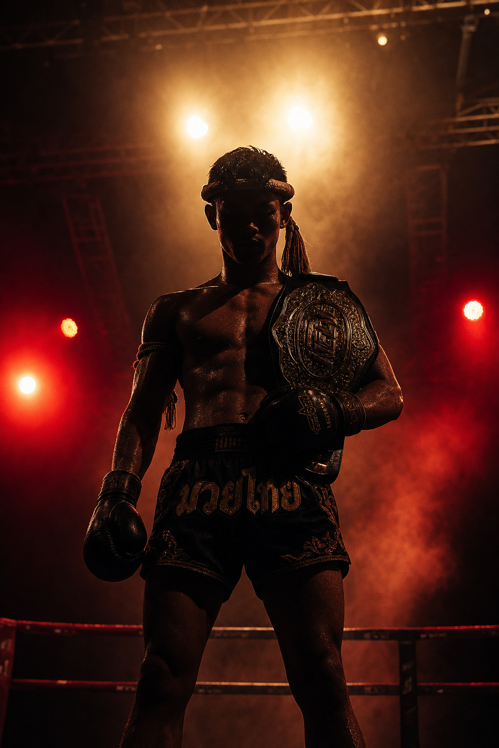 Muay Thai champion holding belt under arena lights